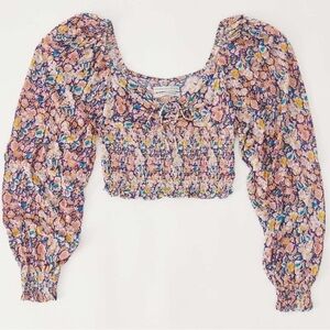 UO Old Soul Smocked Cropped Puff Long Sleeve Tie Blouse